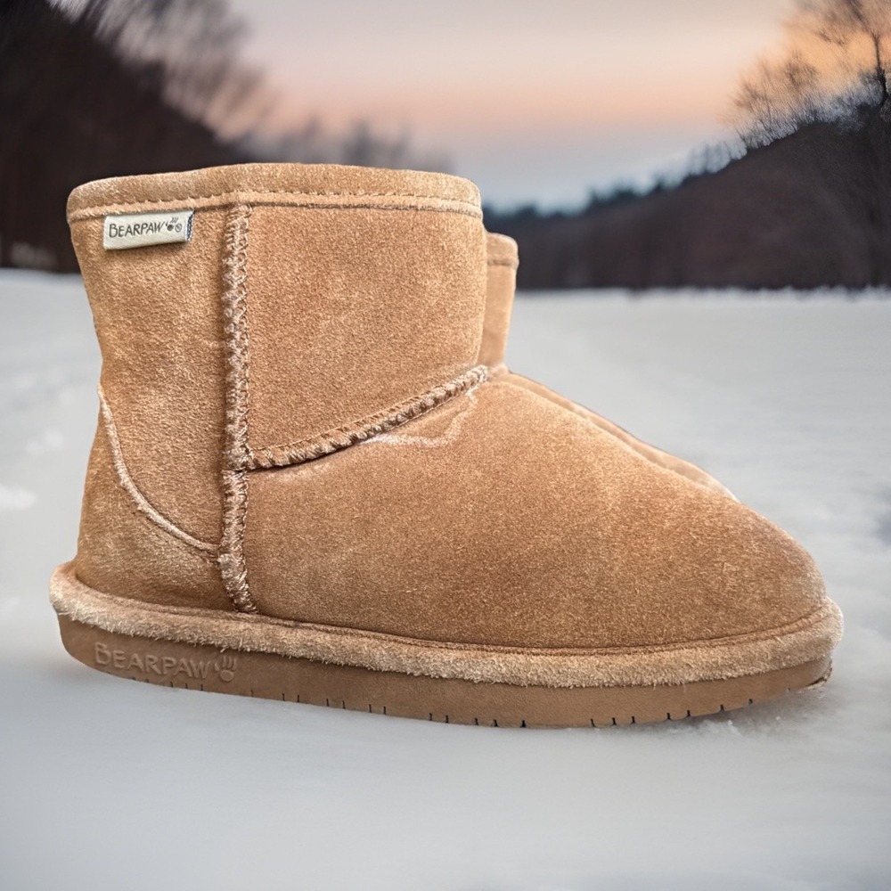 BearPaw Girl's Saddle Brown Cow Suede Mid Boots Sz 2 Shoes Winter Trendy Sherpa